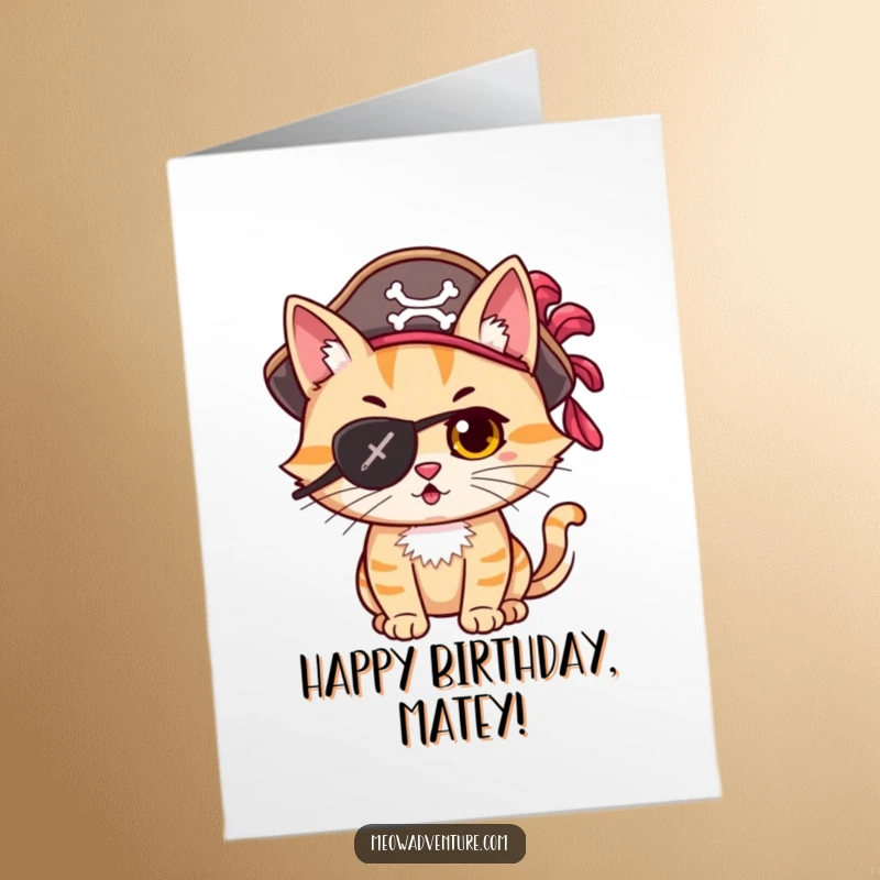 Funny Free Printable Birthday Card featuring a mischievous cat pirate in an eye patch and feathered hat, ready for adventure.