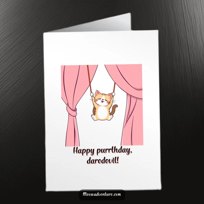 Funny free printable birthday card of a mischievous cat swinging wildly from a curtain like a trapeze artist, celebrating.
