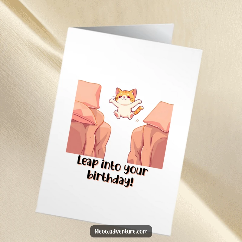 Funny Free Printable Birthday Card: An adventurous cat mid-leap, bravely crossing a wide chasm between two soft cushions, symbolizing birthday challenges.