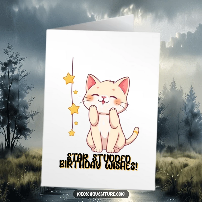 Funny Free Printable Birthday Card: A playful cat batting at a dangling string of sparkling stars, reaching for celestial birthday wishes with delight.