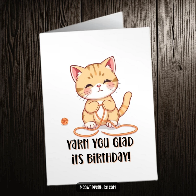 Funny Free Printable Birthday Card: Clever cat intently solving a yarn maze, looking smart. A downloadable delight.