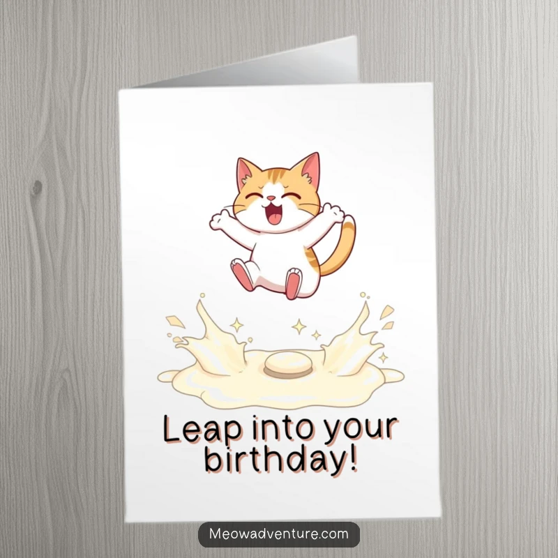 Funny Free Printable Birthday Card: A determined cat leaps gracefully over a sparkling river of spilled milk, celebrating your joyous occasion.