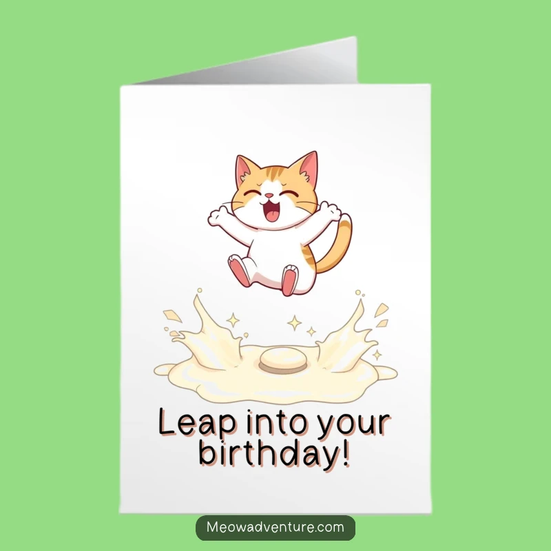 Free Printable Birthday Card: Determined Cat Milk Leap - Funny Downloadable Gift