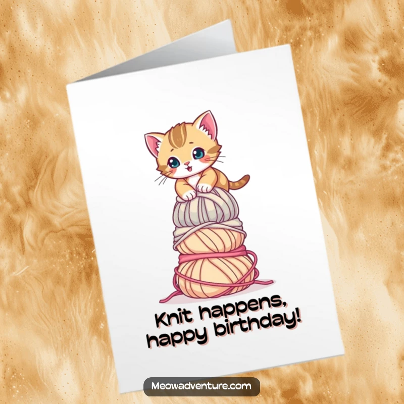 Funny Free Printable Birthday Card: A focused kitten bravely climbing a huge, precarious pile of colorful yarn.