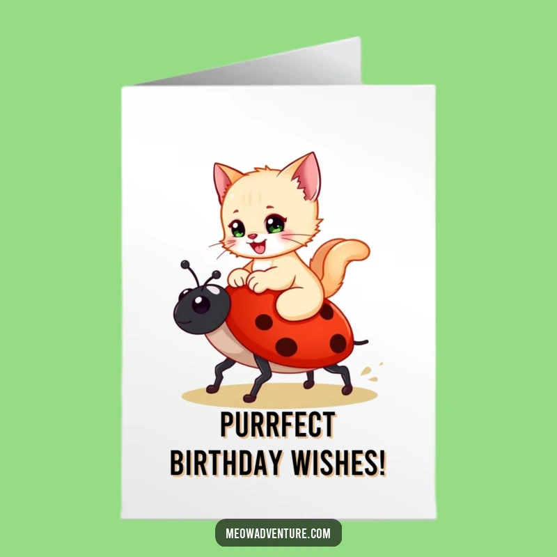 Free Printable Birthday Card: Kitten on Ladybug, Whimsical Funny Downloadable