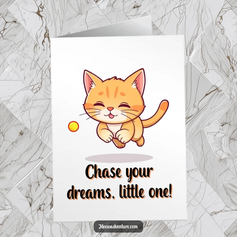 Funny Free Printable birthday card: A dynamic ginger cat leaping and intently chasing a bright red laser dot.
