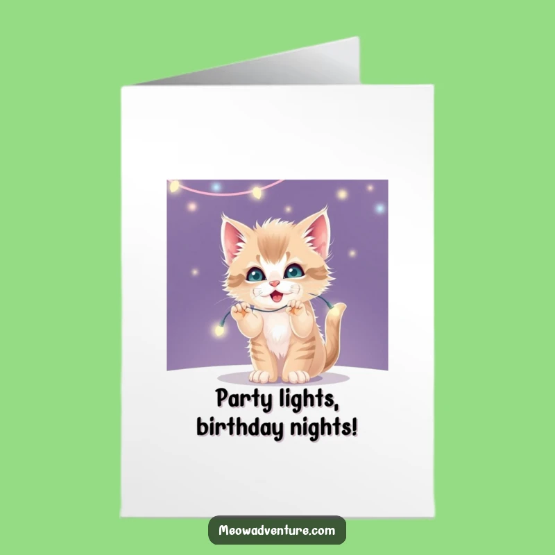 Free Printable Birthday Card: Mischievous Kitten & Fairy Lights - Funny Downloadable Gift