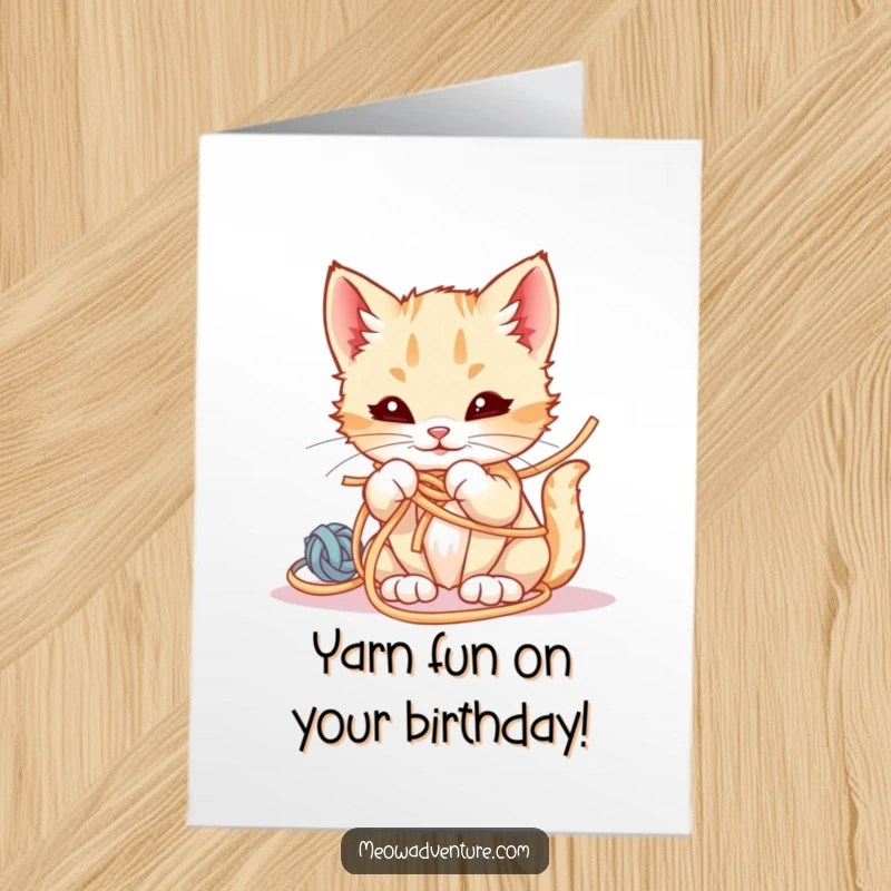 Funny Free Printable Birthday Card: A tiny kitten with a mischievous smirk, delightfully tangled in colorful yarn.