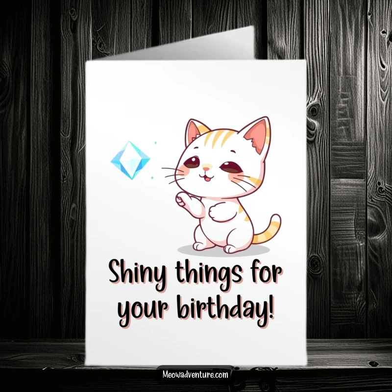 Funny Free Printable Birthday Card: Playful cat joyfully bats at a sparkling, floating gem.