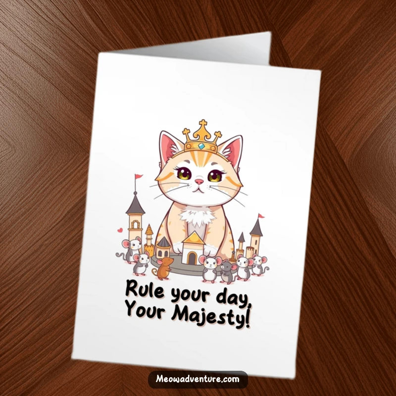 Funny Free Printable Birthday Card: Regal cat surveys its tiny toy mouse kingdom with a majestic, humorous air, printable at home.