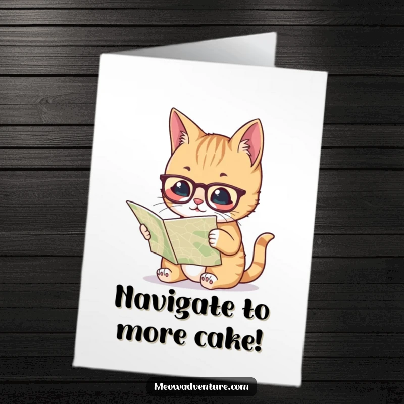 Funny free printable birthday card: An intelligent cat wearing tiny spectacles studies a map for a birthday journey.
