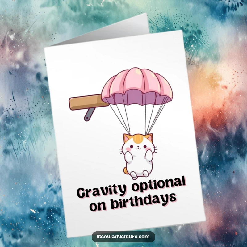 Funny Free Printable Birthday Card: Fluffy cat with tiny parachute gracefully landing from high shelf.