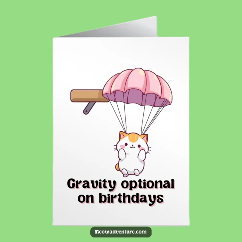 Free Printable Birthday Card: Fluffy Cat Parachute Descent Funny Downloadable Gift