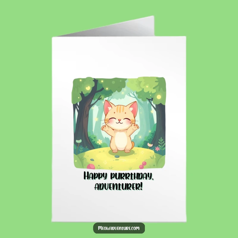 Free Printable Birthday Card: Curious Kitty in Magic Forest - Funny Downloadable Gift