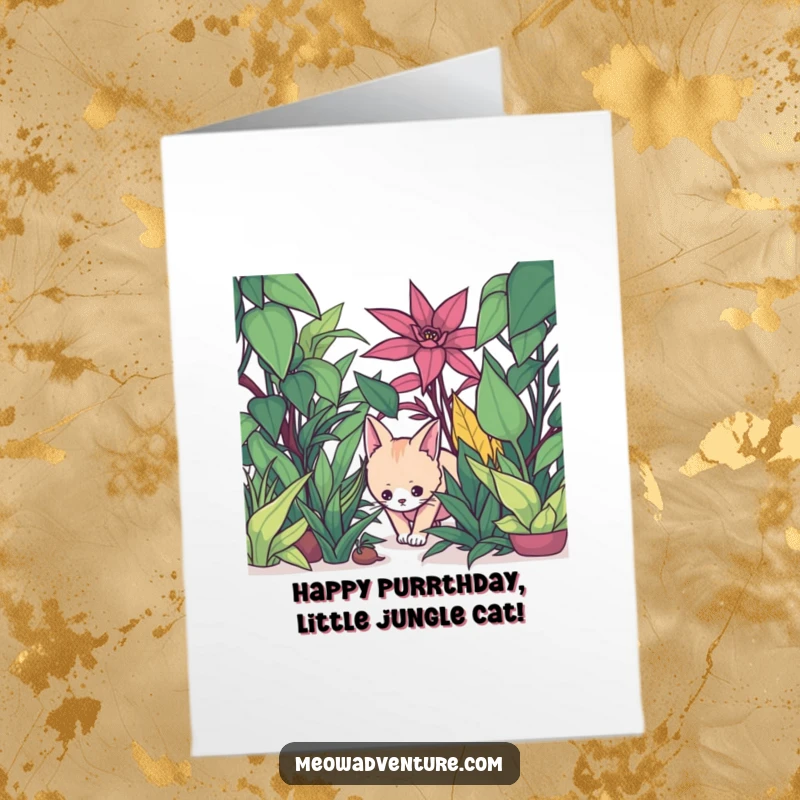 Funny Free Printable Birthday Card: A stealthy cat creeps through an oversized houseplant jungle, hiding a birthday wish.