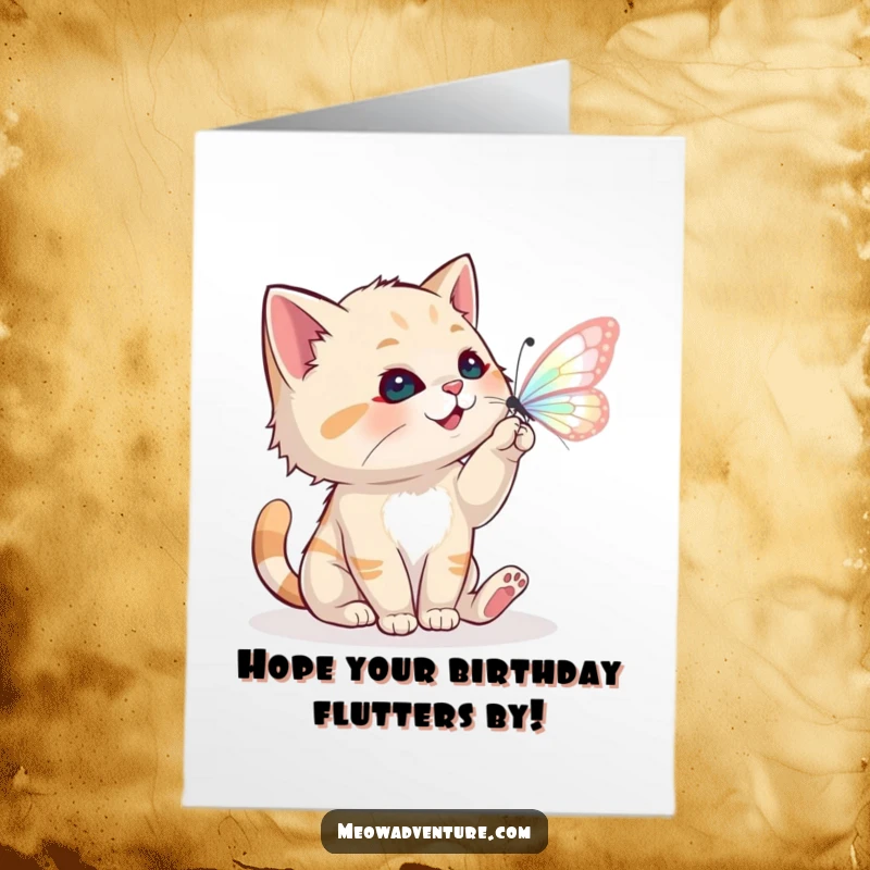 Funny Free Printable Birthday Card: A playful cat leaps to catch a shimmering, magical butterfly, celebrating a special day.
