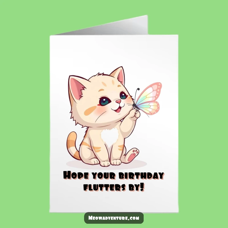 Free Printable Birthday Card: Playful Cat Butterfly Chase - Funny Downloadable Gift