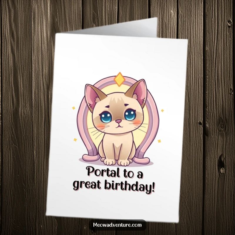 Funny Free Printable Birthday Card: A wide-eyed Siamese cat curiously peeking into a swirling, magical glowing portal.