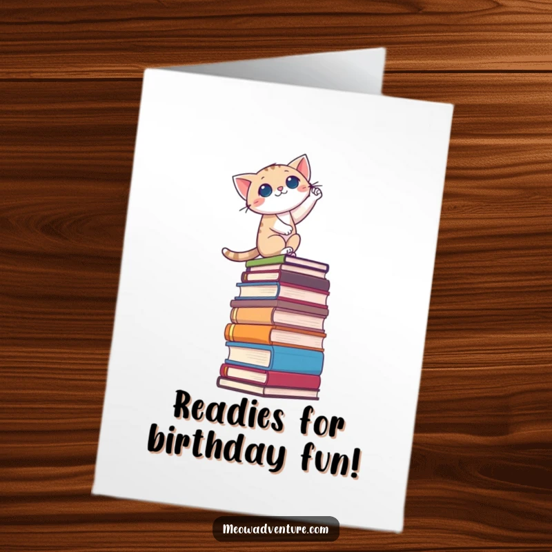 Funny Free Printable Birthday Card: A brave cat courageously scaling a massive, towering stack of books, symbolizing pursuit of knowledge and birthday wishes.