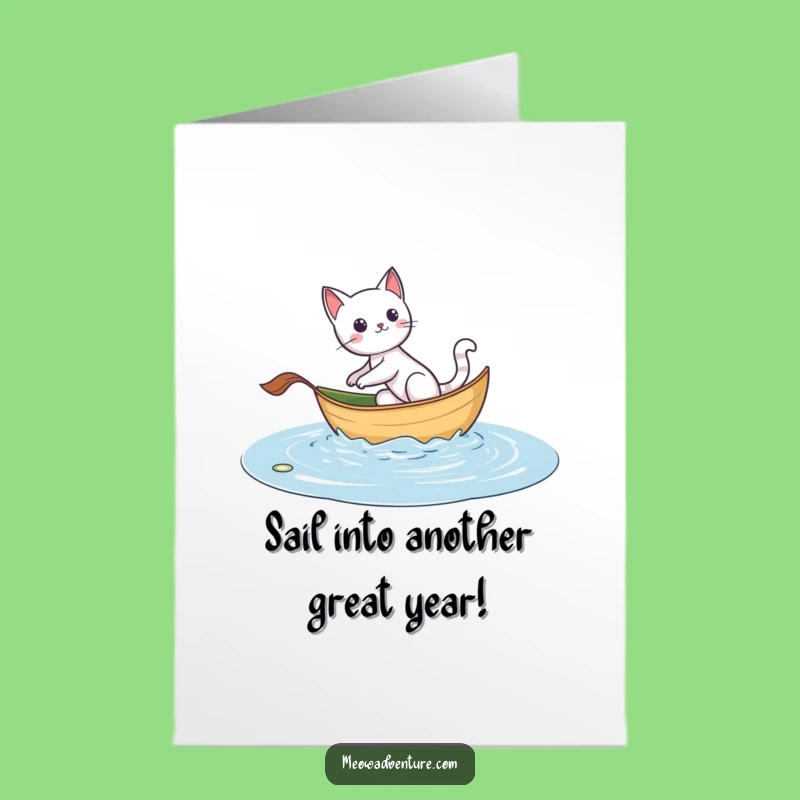 Free Printable Funny Birthday Card: Cat Leaf Boat Adventure - Downloadable Humorous Journey