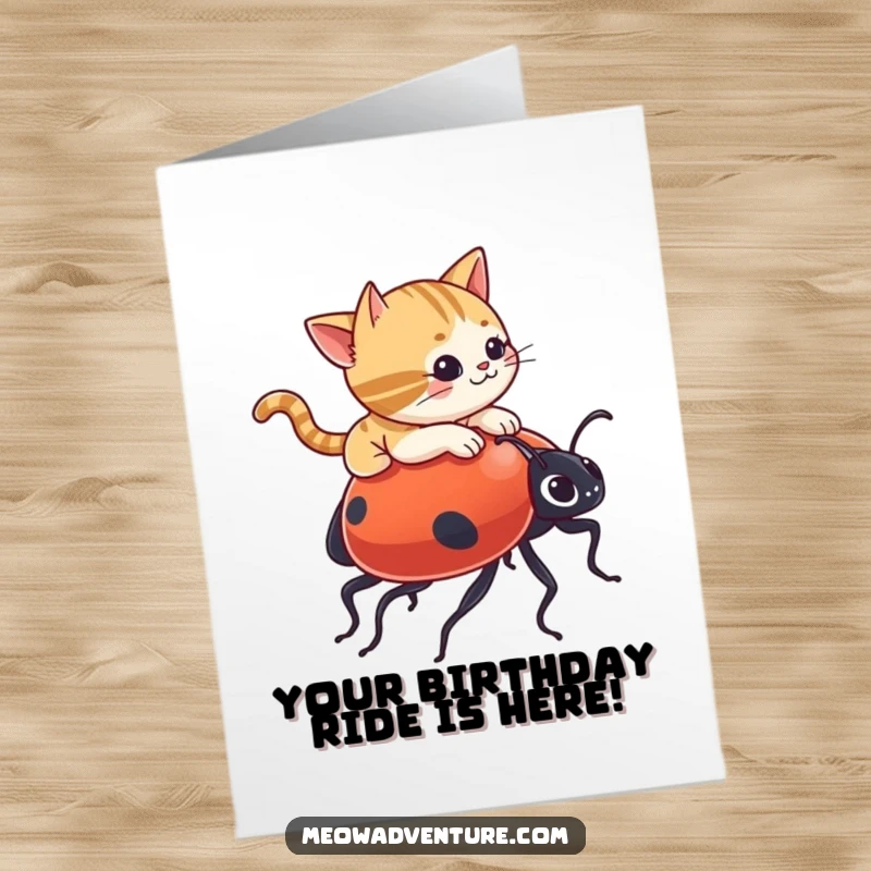 Funny Free Printable Birthday Card: Mischievous cat joyfully rides a giant ladybug, a whimsical and humorous scene for any celebration.