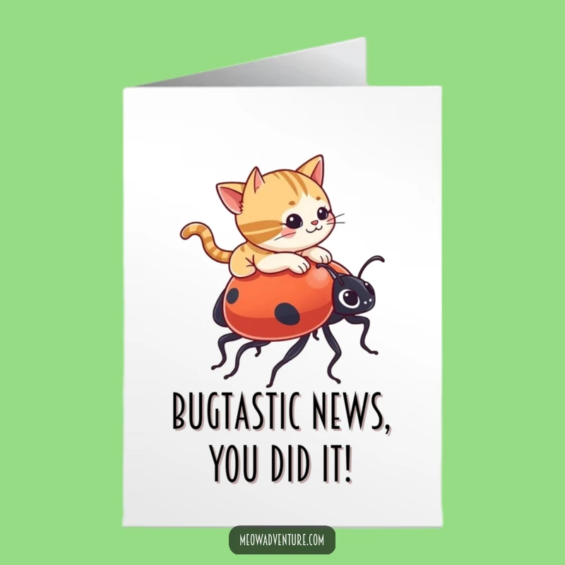 Free Printable Funny Congrats Card: Cat Ladybug Ride - Downloadable Humorous Celebration