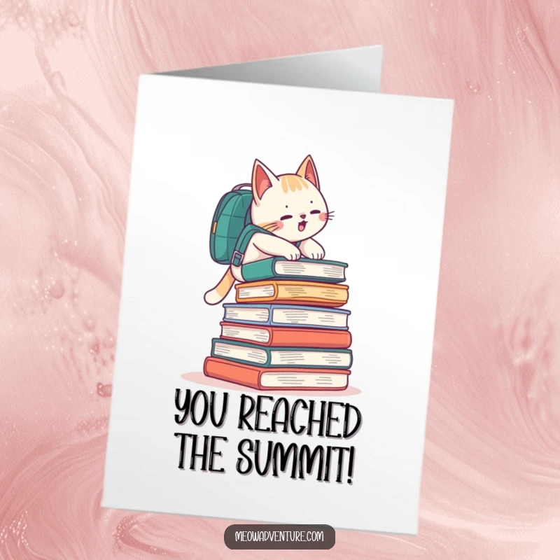 Funny Free Printable Congratulations Card showing a playful cat with a backpack conquering a book mountain, celebrating success.
