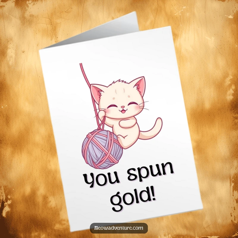 Funny Free Printable Congratulations Card: A brave kitten rappels down a large yarn ball, symbolizing overcoming obstacles to celebrate your success.