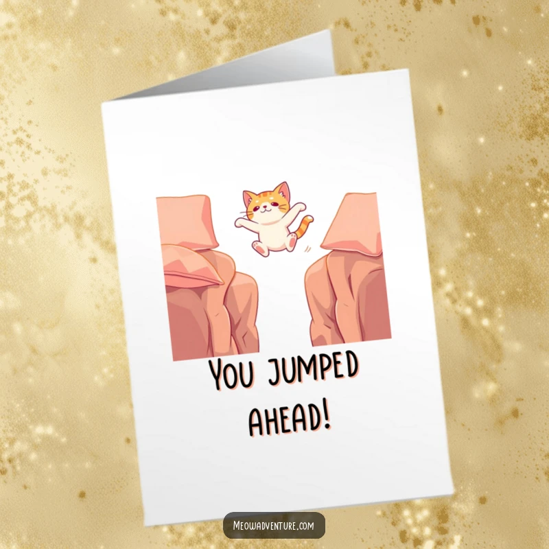 Funny Free Printable Congrats Card: An adventurous cat making a daring leap across a wide chasm between two cushions, celebrating a successful achievement.