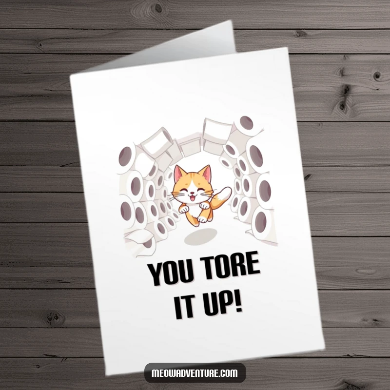 Funny Free Printable Congratulations Card: Swift cat dashing through a tunnel of toilet paper rolls, celebrating a speedy victory.