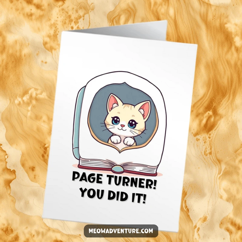 Funny Free Printable Congratulations Card: curious cat emerges from a giant book, celebrating your big achievement with a sly grin.