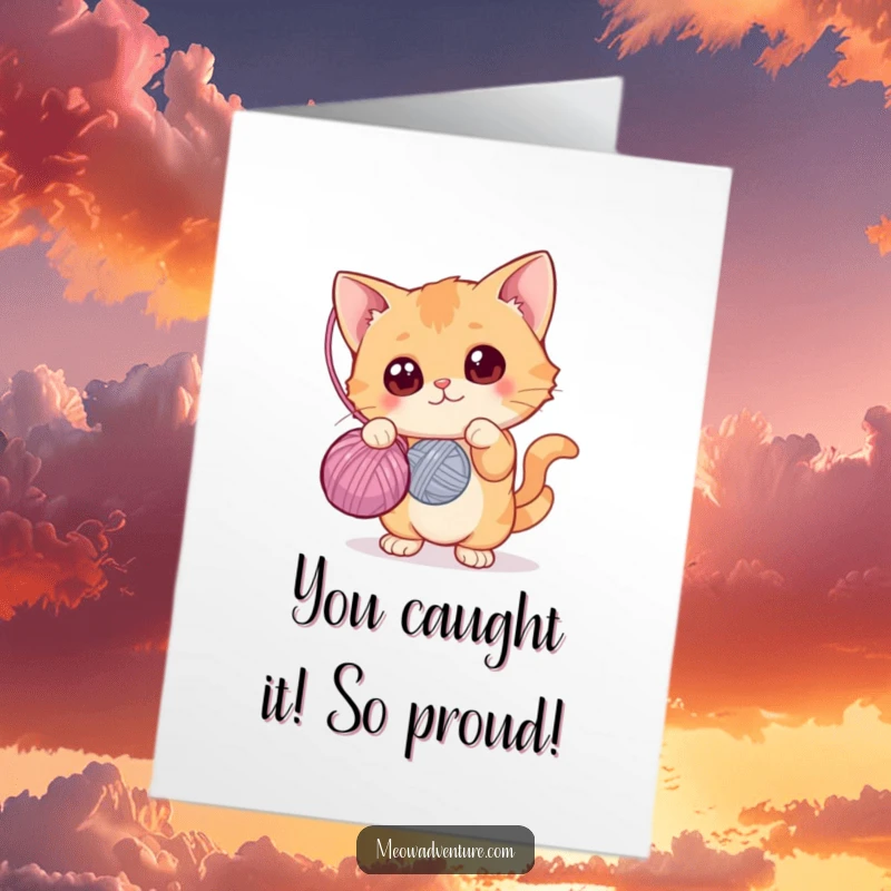 Funny free printable congratulations card showing a curious cat with wide eyes batting at a dangling yarn ball, celebrating good news.