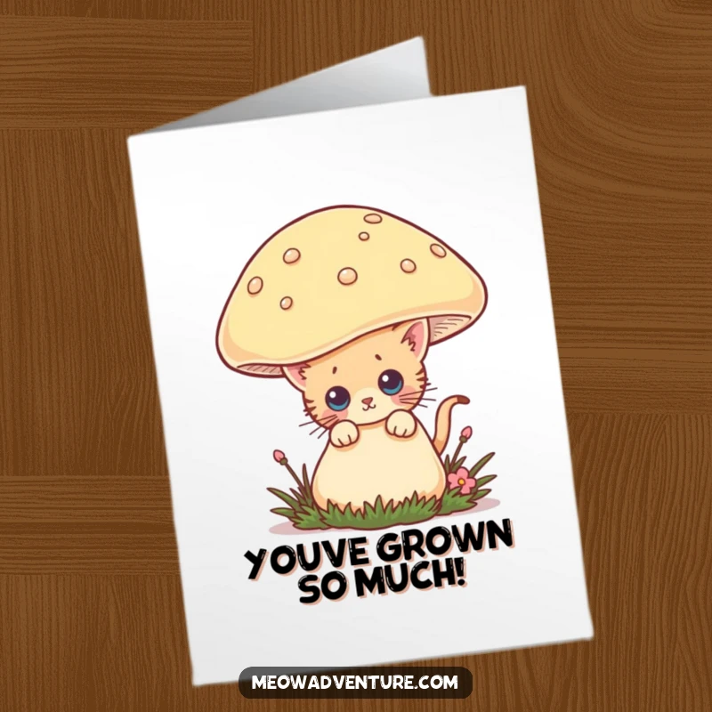 Funny Free Printable Congratulations Card: A curious kitten peeks from behind a huge mushroom, expressing delight for your recent achievement.