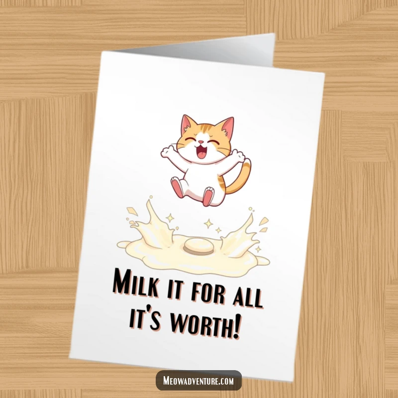 Funny Free Printable Congratulations Card: A determined cat masterfully leaps over a wide river of sparkling spilled milk, celebrating your huge win.