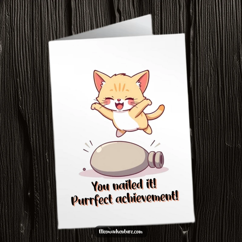 Funny Free Printable Congratulations Card: An energetic kitten gracefully leaping over a fallen object, celebrating success with humor.