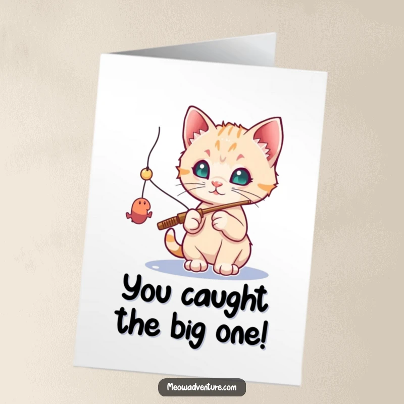 Funny Free Printable Congrats Card: Kitten with a fishing rod patiently waits to catch a toy mouse.