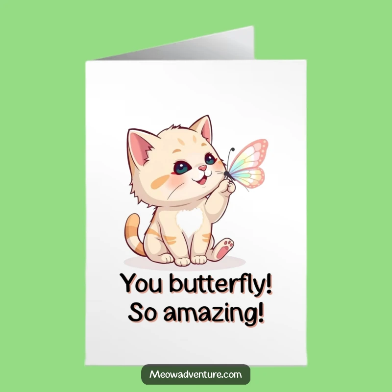 Free Printable Congrats Card: Playful Cat Butterfly - Funny Downloadable Gift