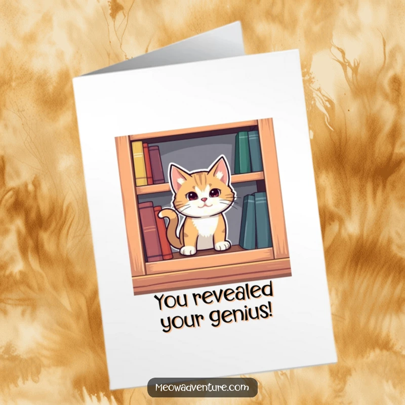 Funny Free Printable Congratulations Card: Mysterious cat emerging from a secret compartment in a bookshelf, revealing hidden talents.