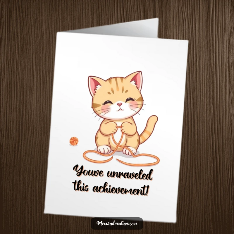 Funny Free Printable Congratulations Card: Clever cat triumphantly exiting a yarn maze. A smart, downloadable message.