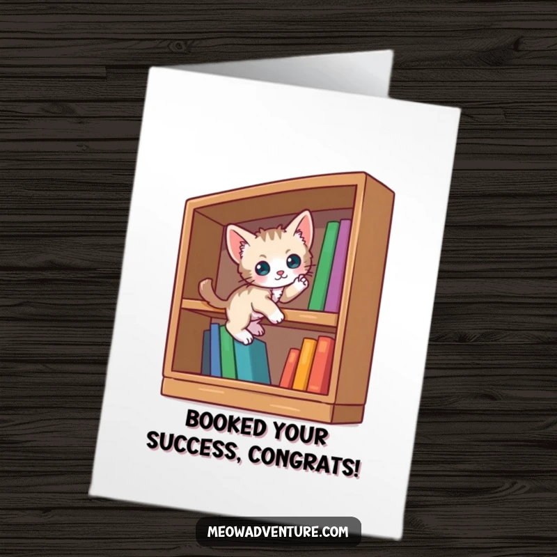Funny Free Printable Congratulations Card: A curious kitten scaling an oversized bookshelf, signifying reaching new achievements.