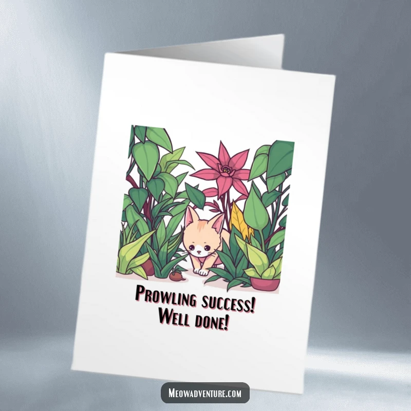 Funny Free Printable Congratulations Card: A stealthy cat maneuvers through a dense jungle of oversized houseplants, celebrating your clever victory.