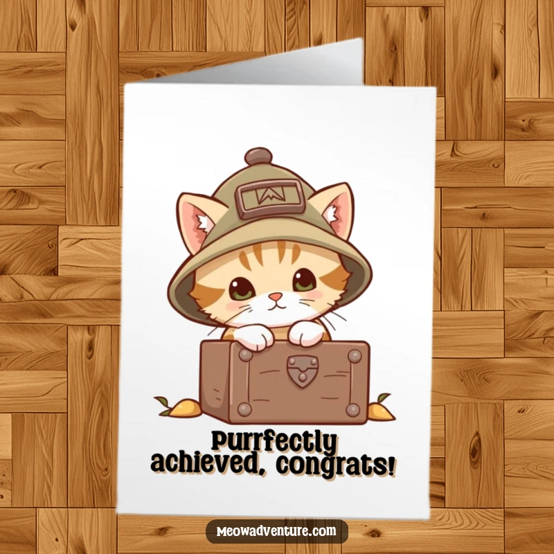 Funny Free Printable Congratulations Card: A brave kitten wearing an explorer hat peering excitedly into a treasure chest of success.