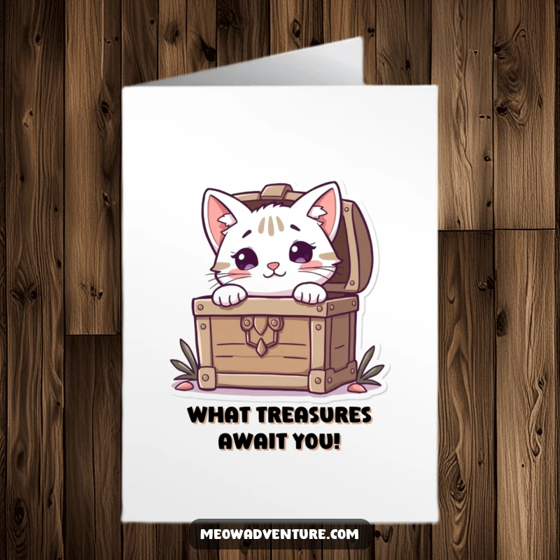Funny Free Printable Congratulations Card: Curious cat peeks out from behind a treasure chest full of riches.