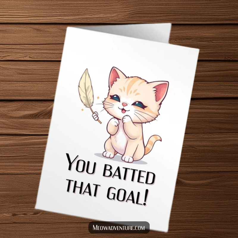Funny Free Printable Congratulations Card: A mischievous kitten joyfully bats at a floating feather, celebrating your wonderful news with fun.