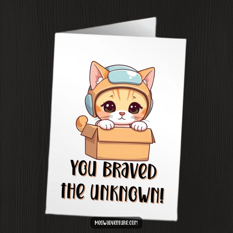 Funny Free Printable Congrats Card: Adventurous cat wearing a helmet, investigating a mysterious object with intrigue.
