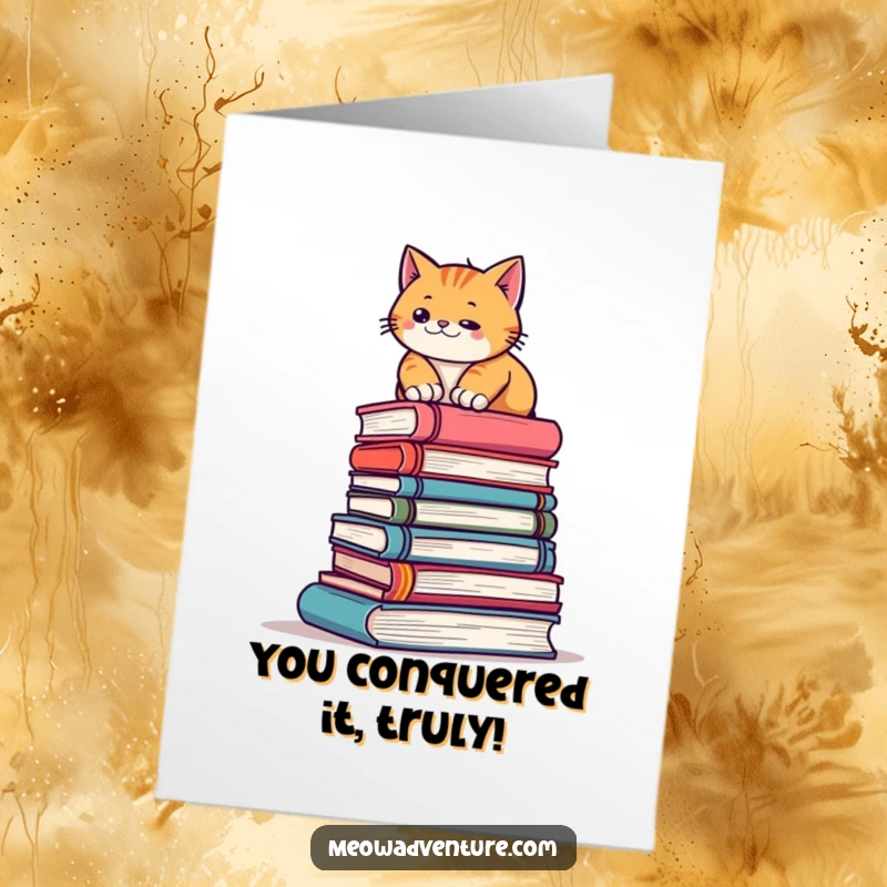 Funny free printable congrats card: A determined cat scales a giant stack of books, symbolizing a major achievement.
