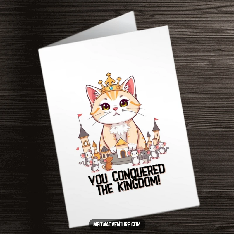 Funny Free Printable Congratulations Card: Regal cat majestically surveys its miniature toy mouse kingdom, a humorous and grand congrats, print at home.