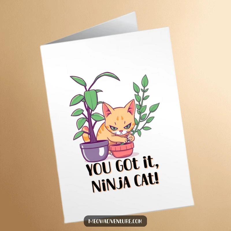Funny Free Printable Congratulations Card: A stealthy cat observes from behind a plant, celebrating a covert success.