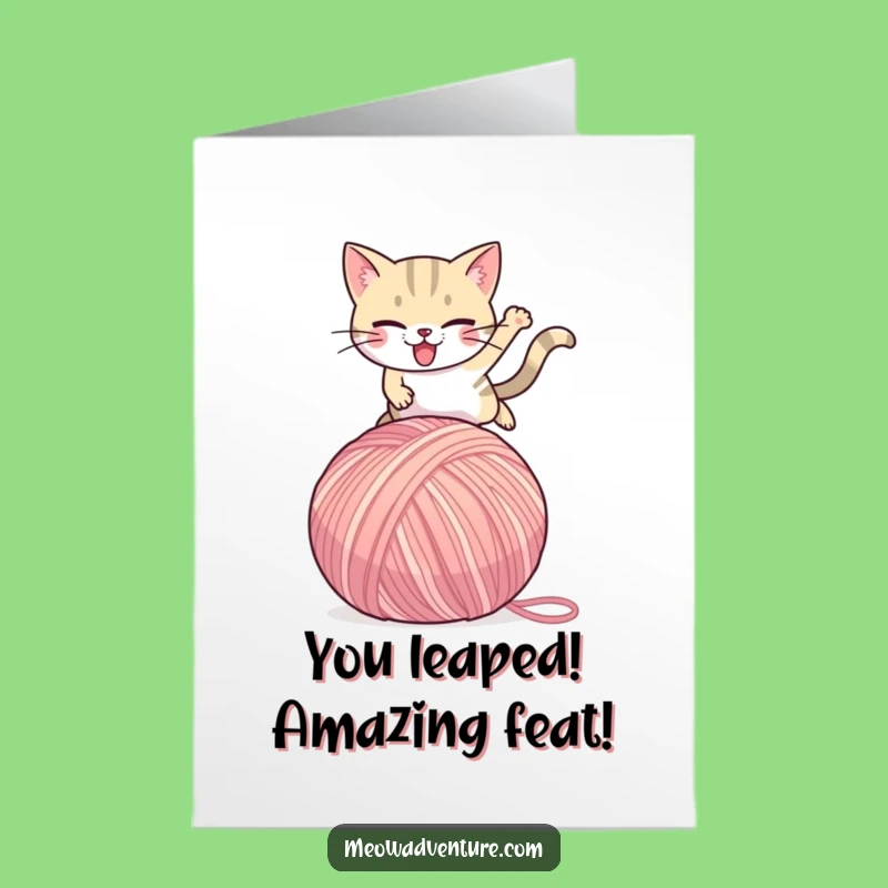 Free Printable Congrats Card: Funny Cat Yarn Leap, Downloadable Achievement Gift!