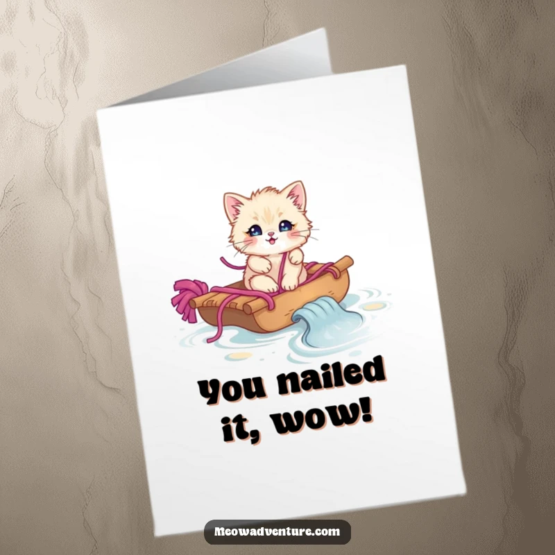 Funny Free Printable Congratulations Card with a fluffy kitten navigating a yarn stream on a makeshift raft, celebrating success.